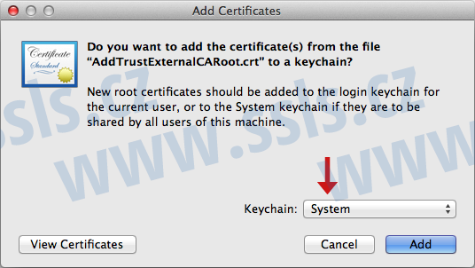 Přidat intermediate SSL certifikát CA do System Keychain