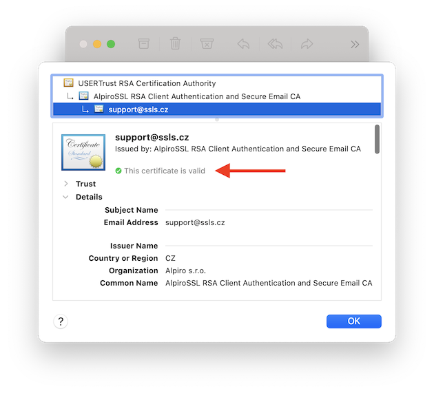 Detail - digitální podpis je platný v Apple Mail, macOS, Mac OS
