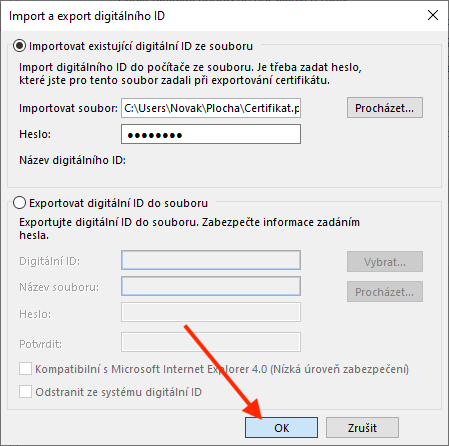 Import a export digitálního ID Outlook