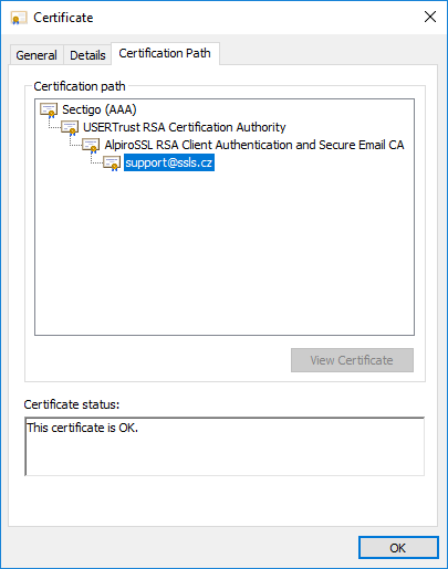 S/MIME certifikát Alpiro Microsoft Windows ukázka